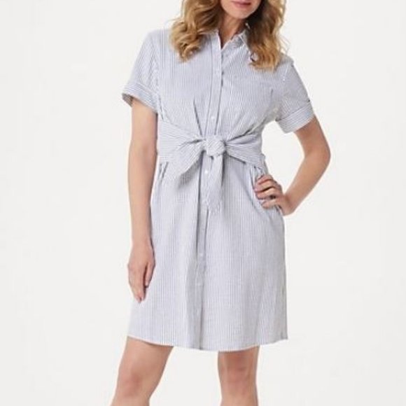 Denim&Co Dresses & Skirts - Denim & Co Petite Seersucker Tie Front Shirt Dress